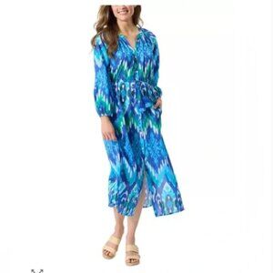 NWT BALANCE COLLECTION Cala Azure Blue Metalic Printed Cover-up Maxi Shirt Dress